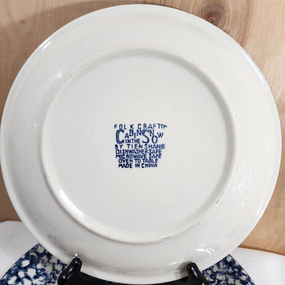 3 Folk Craft Cabin In Snow Dinner Plates 10" Blue White Winter sponge paint dish - Picture 2 of 3